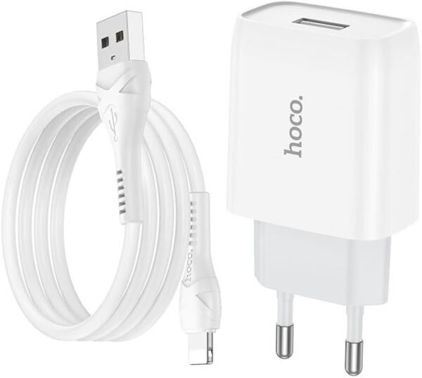 Hoco DC36 Maxim Single Port Adapter Set with Lightning Charging Cable - White